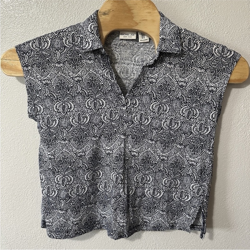 Rachel Zoe Linen Knit Top Blue White Floral Cap Sleeve Blouse Collared Medium‎
